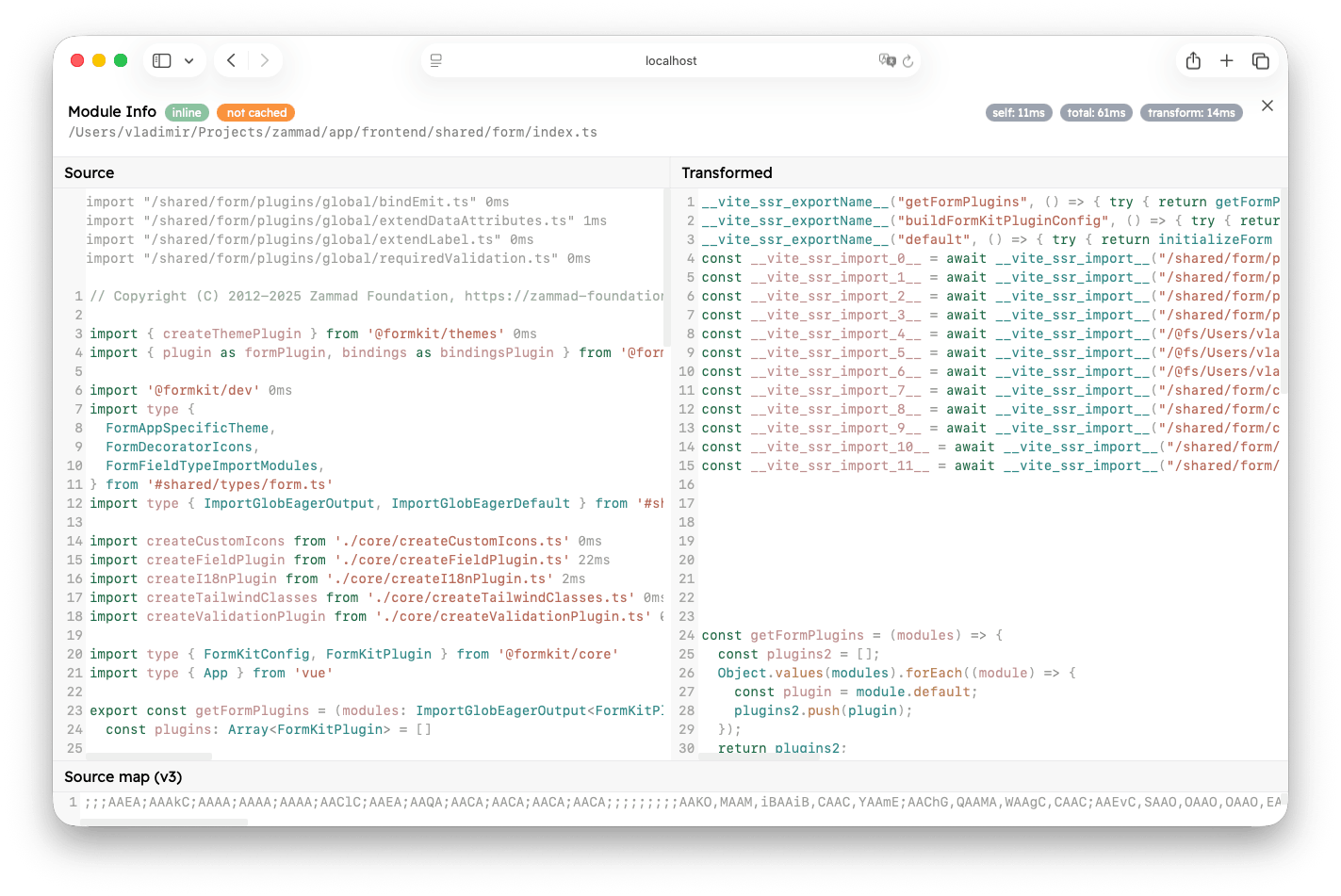 The module info view for an internal module